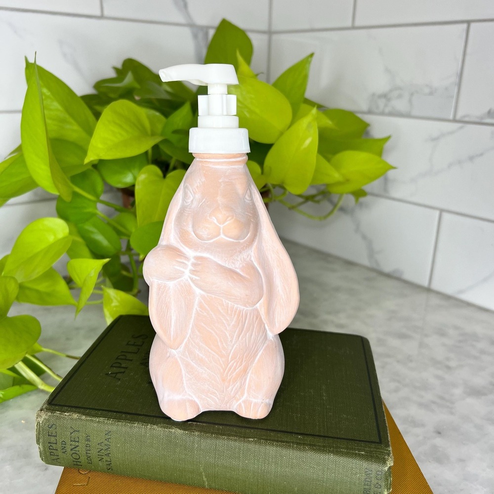 Vintage Terracotta Bunny Soap Dispenser 1990s Pink Rabbit Bathroom Decor